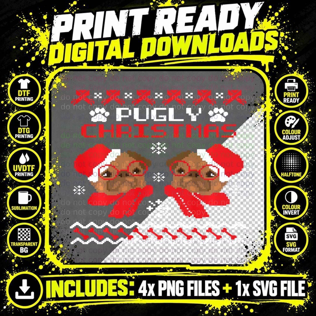 Funny Pugly Ugly Christmas Sweater Pug Puns Hoodie Gifts Png SVG Digital Bundle