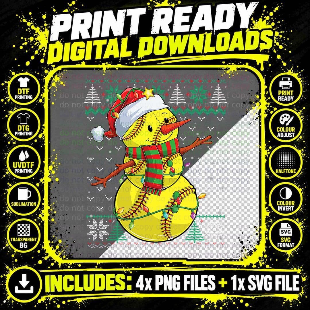 Funny Snowman Softball Christmas Ball Ugly Sweater Png SVG Digital Bundle