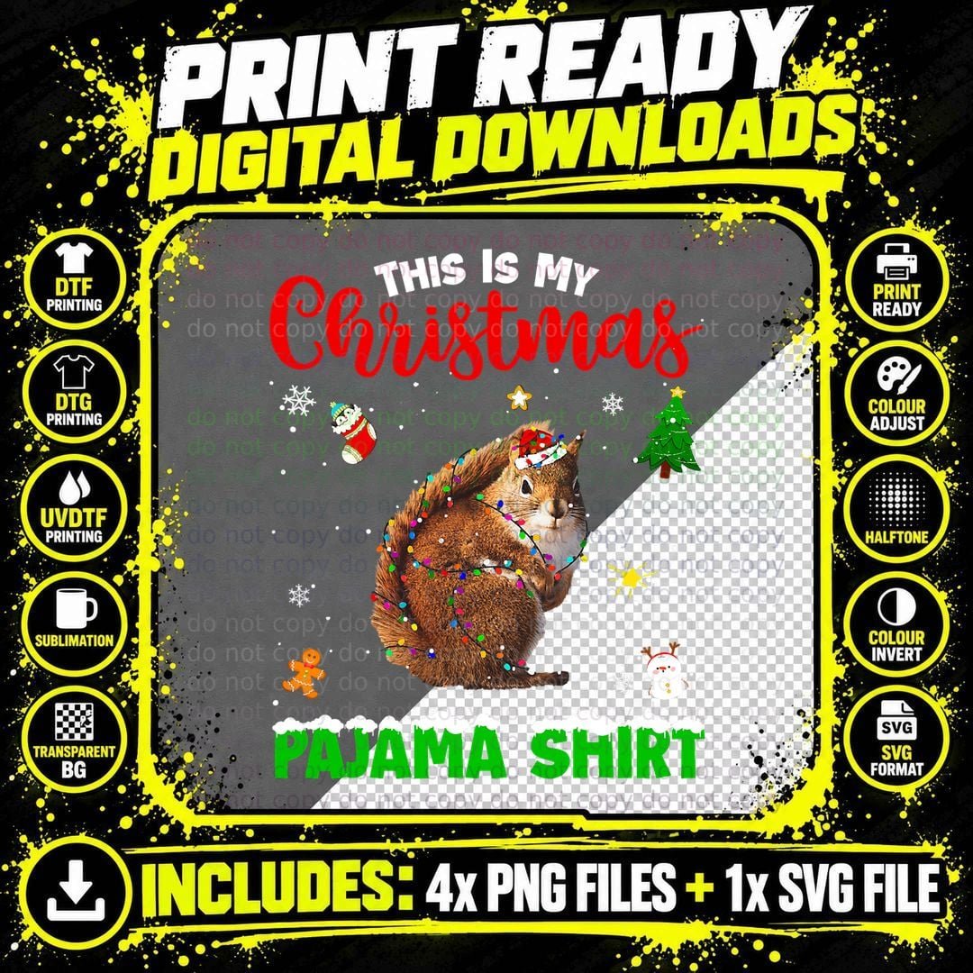 Funny This Is My Christmas Pajama Squirrel Red Plaid Png SVG Digital Bundle