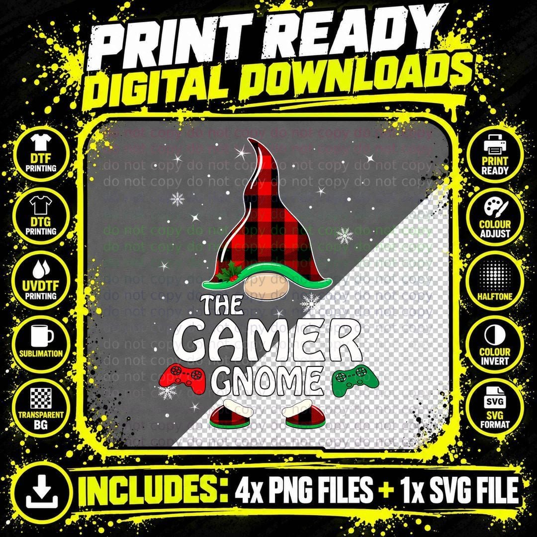 Gamer Gnome Buffalo Plaid Matching Family Christmas Png SVG Digital Bundle