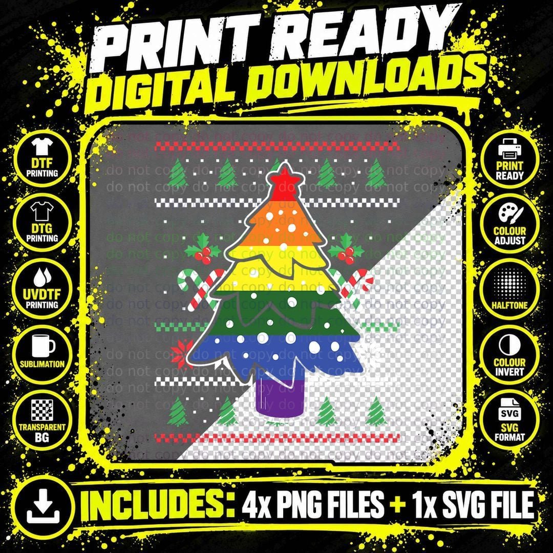 Gay Pride Ugly Christmas Tree Pajama Cool LGBT-Q Ally Png SVG Digital Bundle