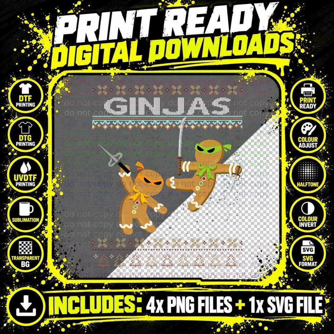 Ginjas Gingerbread Ninjas Funny Ugly Christmas T-Shirt Png SVG Digital Bundle