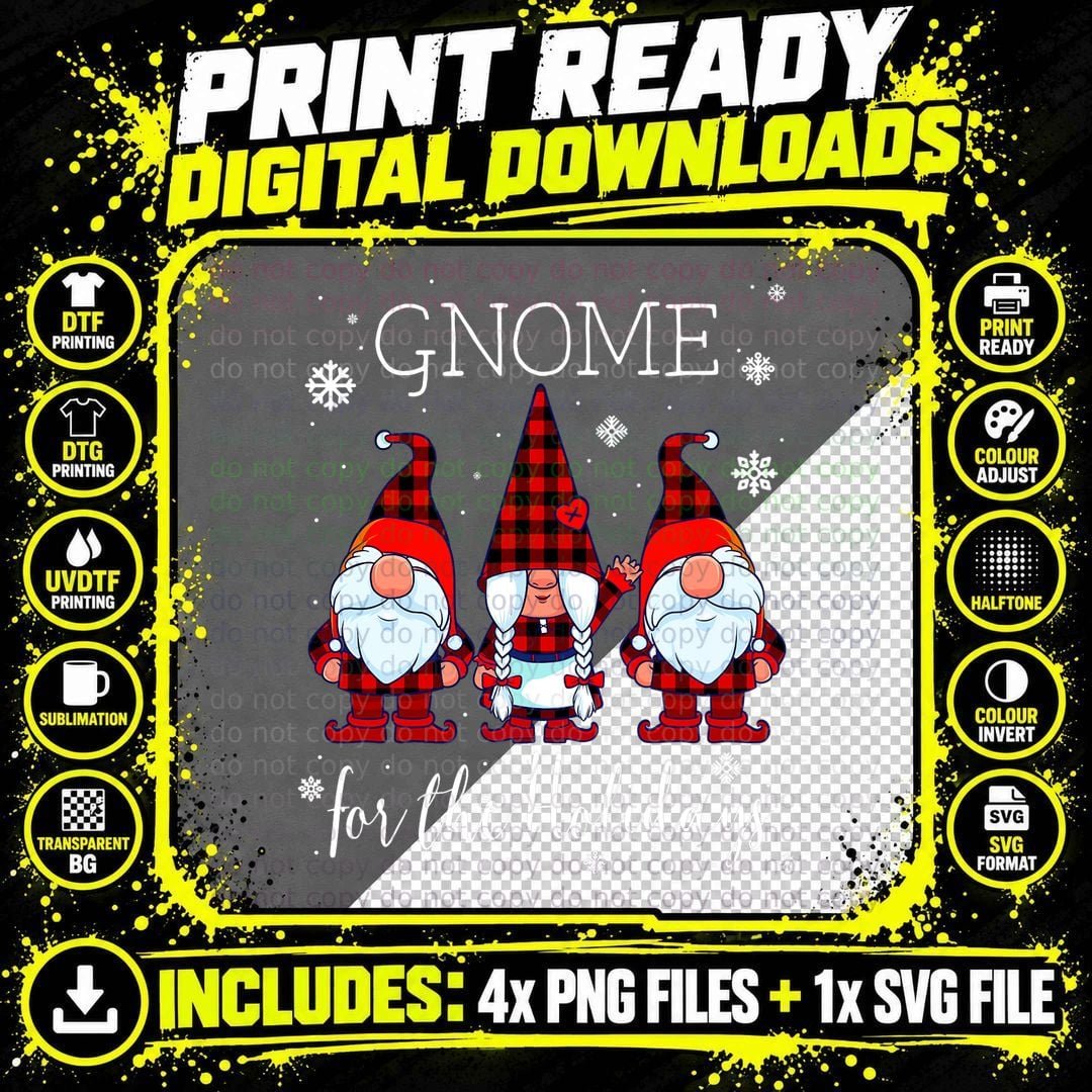 Gnome for the Holidays Buffalo Plaid 3 Gnomes Christmas Png SVG Digital Bundle
