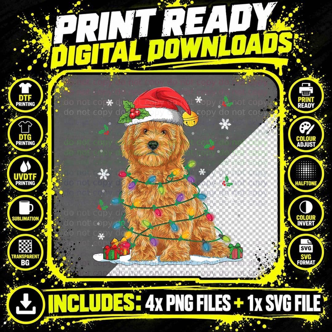 Goldendoodle Christmas Santa Hat Fairy Lights Pajama Dog Png SVG Digital Bundle