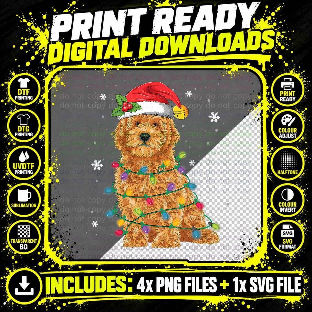Goldendoodle Christmas Santa Hat Fairy Lights Pajama Png SVG Digital Bundle