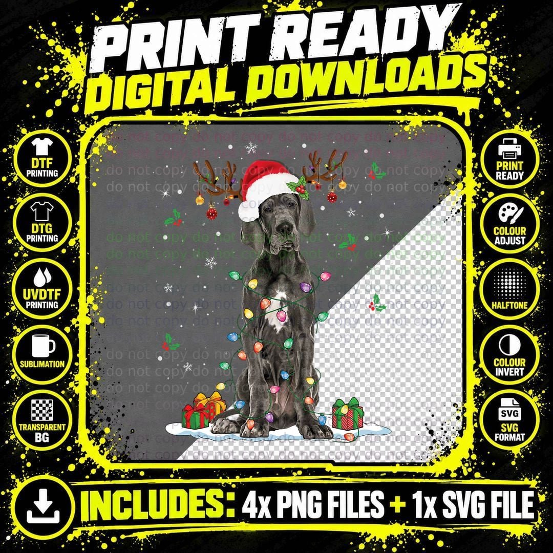 Great Dane Christmas Santa Hat Fairy Lights Pajama Dog Png SVG Digital Bundle