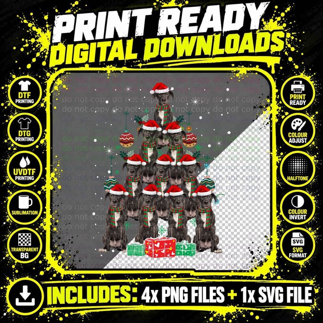 Great Dane Christmas Tree T-Shirt, Festive Holiday Print Png SVG Digital Bundle