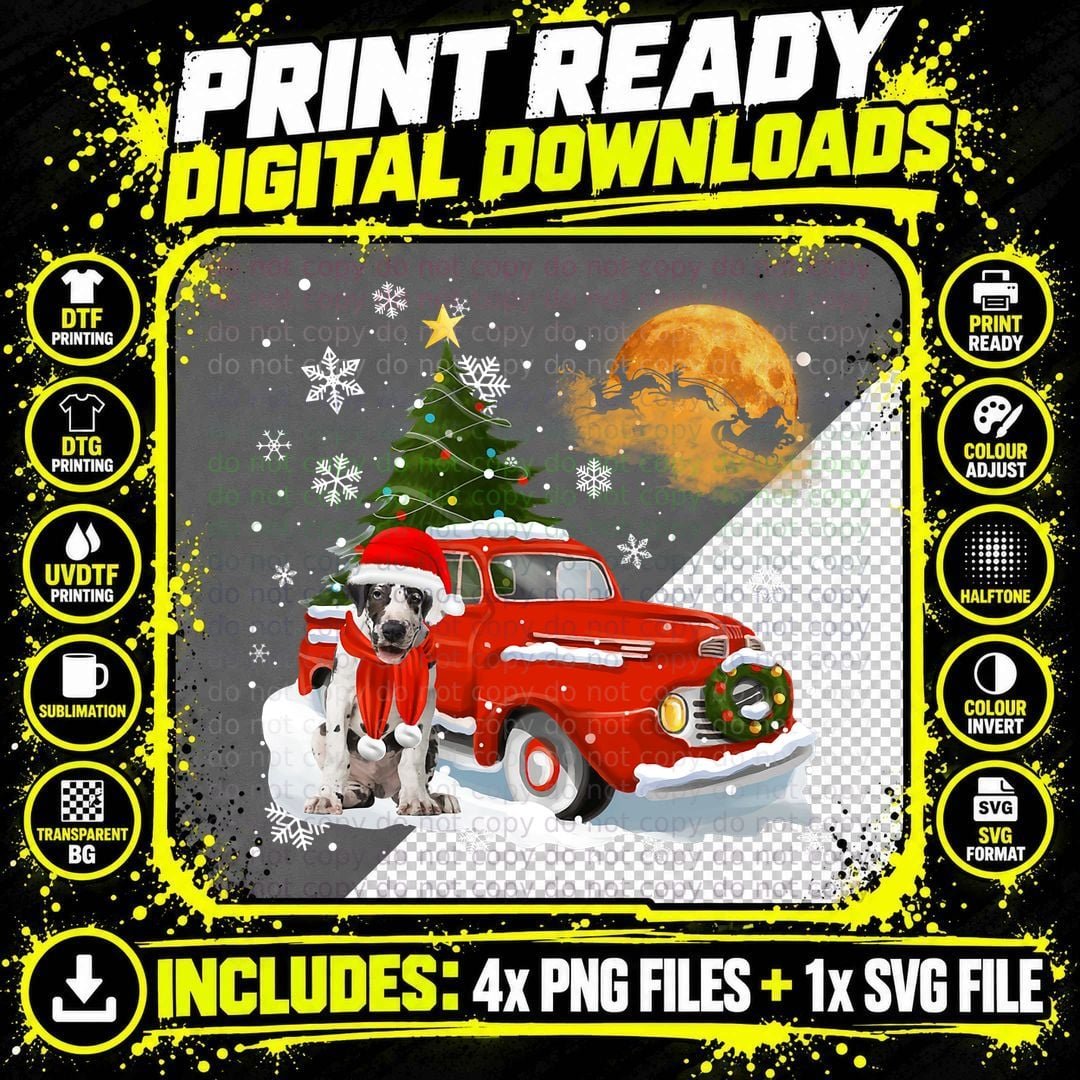 Great Dane Vintage Wagon Red Truck Christmas Tree Png SVG Digital Bundle