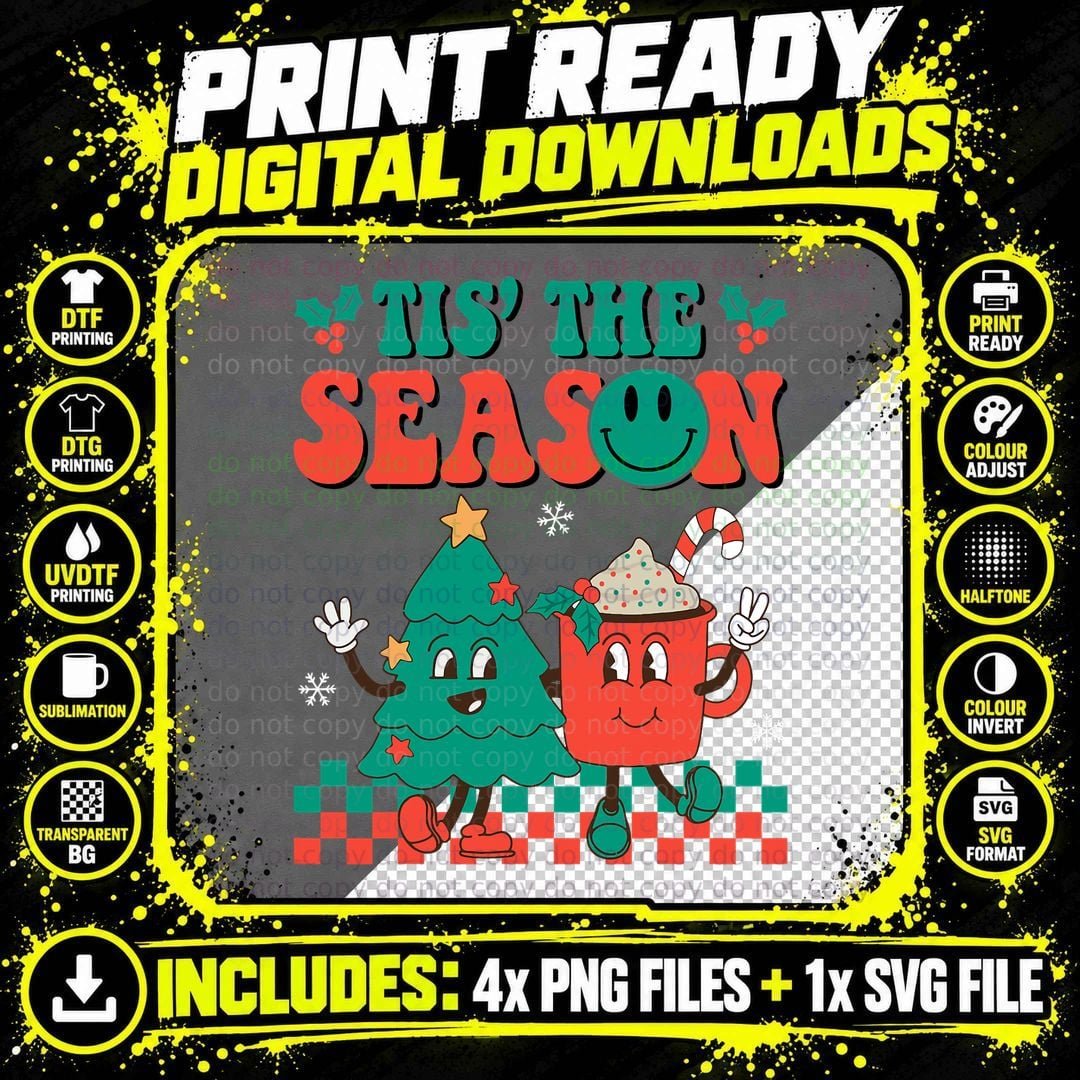 Groovy Tis the Season Christmas Hippie Hot Cocoa Pine Png SVG Digital Bundle