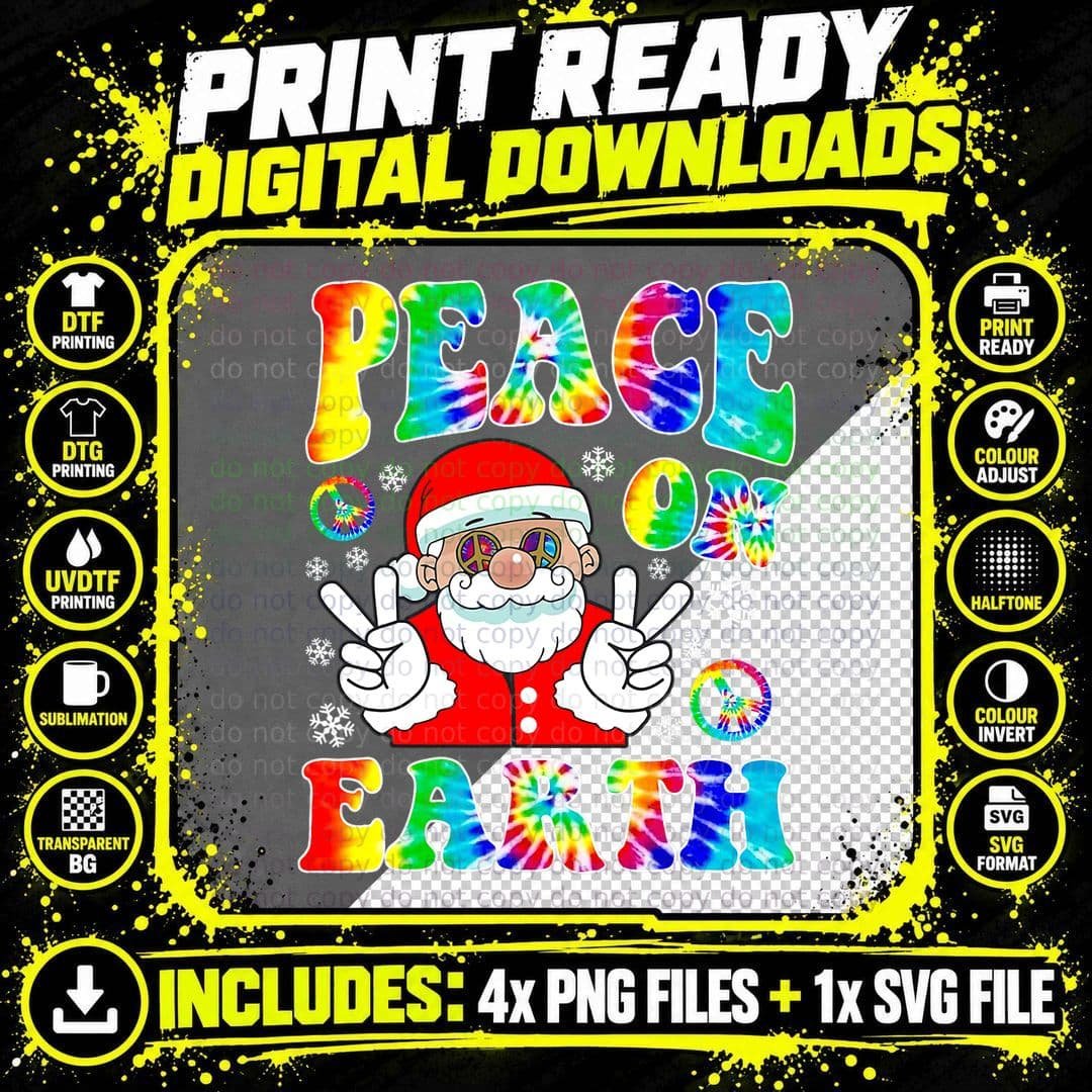 Hippie Peace on Earth Boho Christmas Santa Claus Pajamas Png SVG Digital Bundle