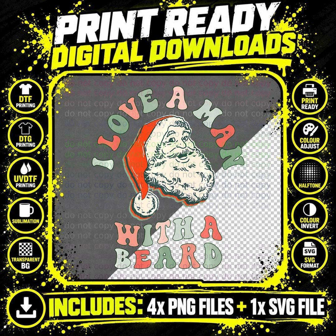 I Love a Man with a Beard Retro Santa Christmas Vintage Png SVG Digital Bundle