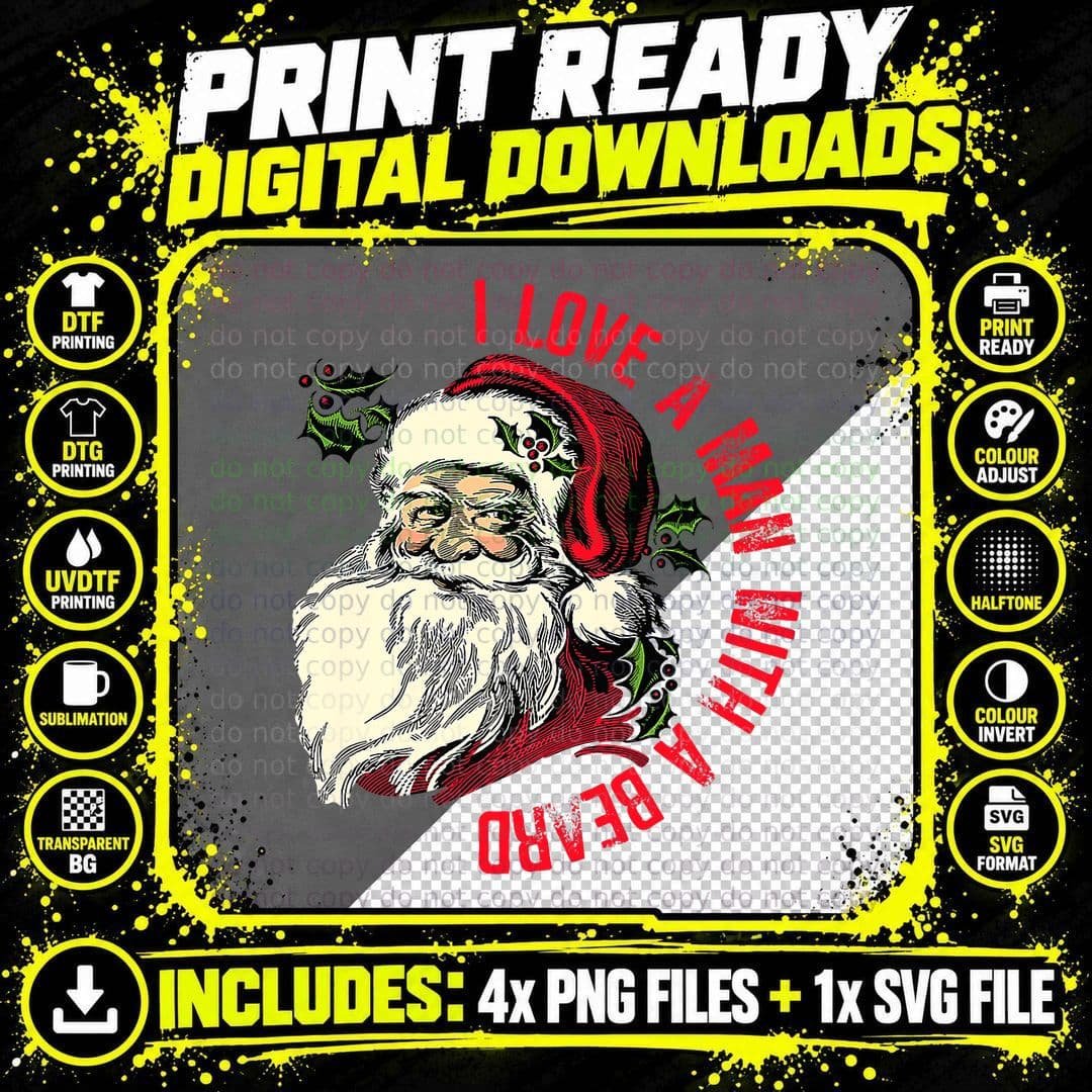 I Love a Man with a Beard, Retro Vintage Santa Christmas Png SVG Digital Bundle