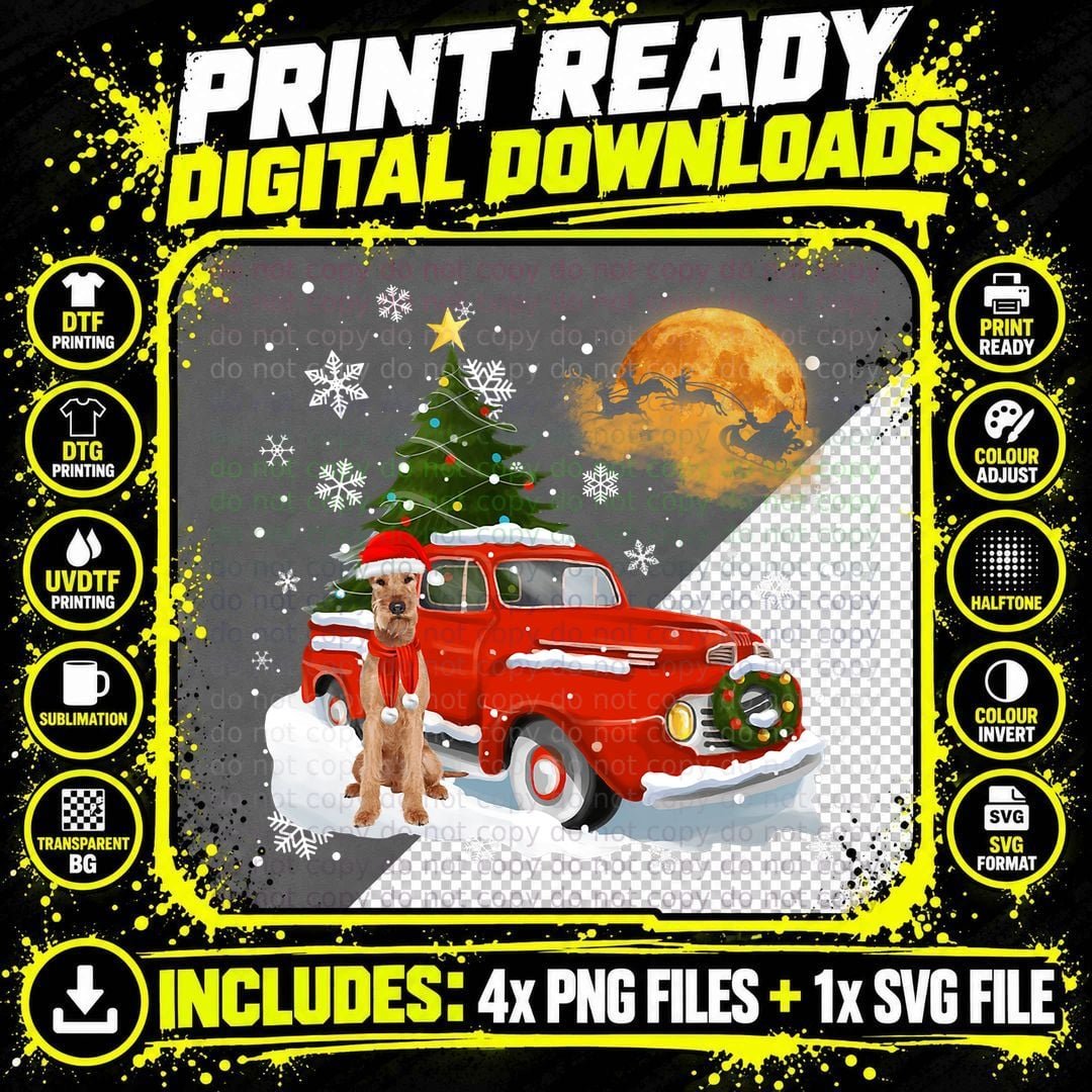 Irish Terrier Vintage Wagon Red Truck Christmas Tree Png SVG Digital Bundle