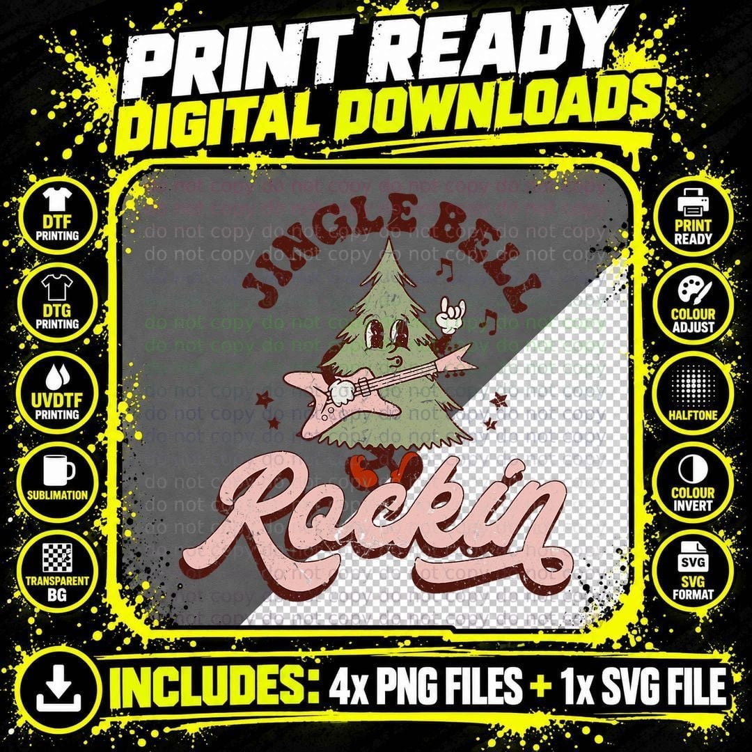 Jingle Bell Rock Rockin' Christmas Tree Retro Music Png SVG Digital Bundle