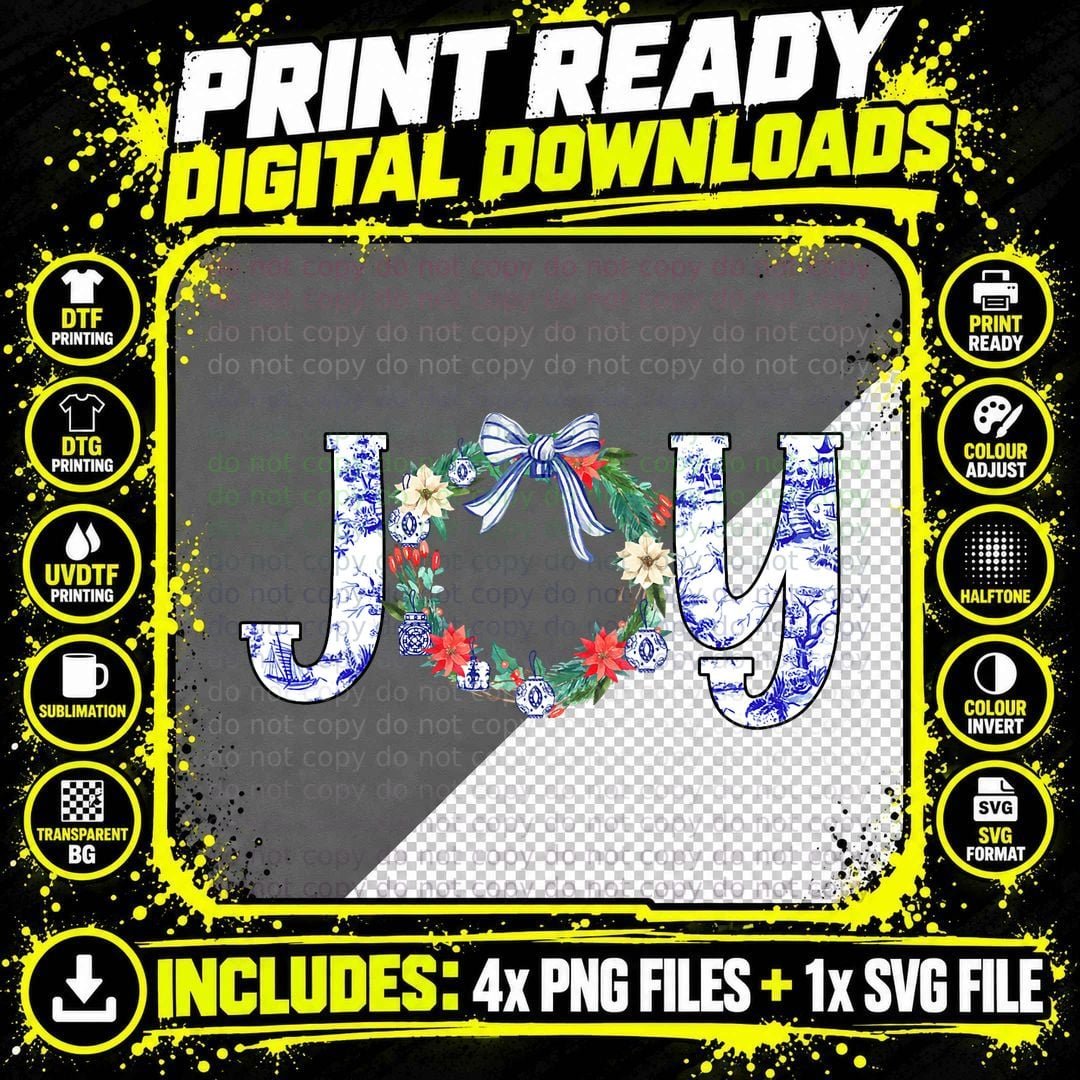Joy Funny Chinoiserie Christmas Wreath Vintage Xmas Png SVG Digital Bundle