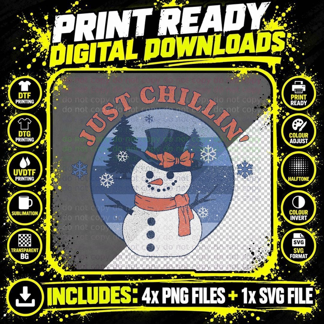 Just Chillin' Snowman Vintage Winter Seasonal Christmas Png SVG Digital Bundle