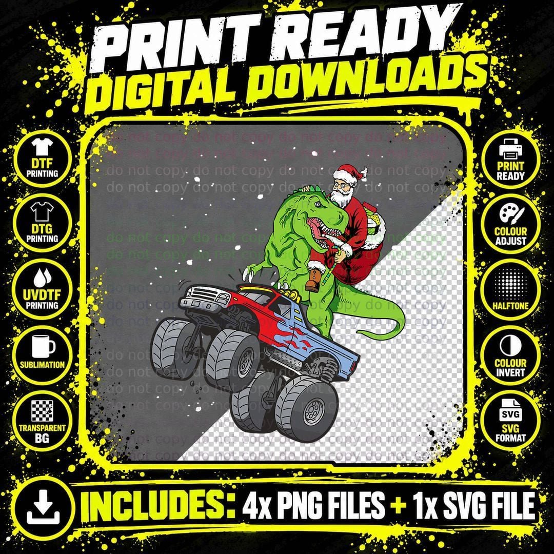 Kid Santa Riding T Rex Dinosaur Monster Truck Boy Png SVG Digital Bundle