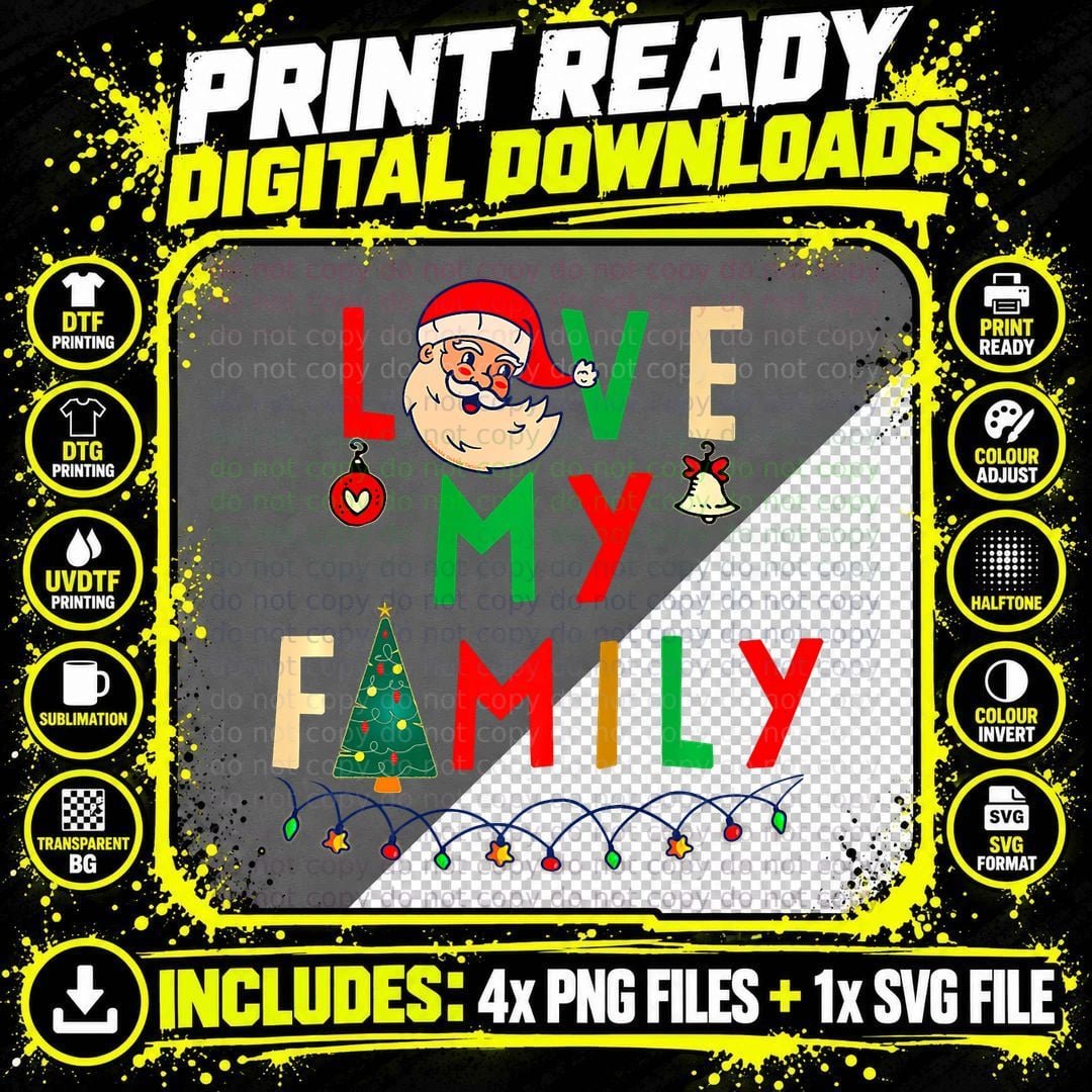 LOVE MY Family Vintage Santa Family Christmas Pajama Png SVG Digital Bundle