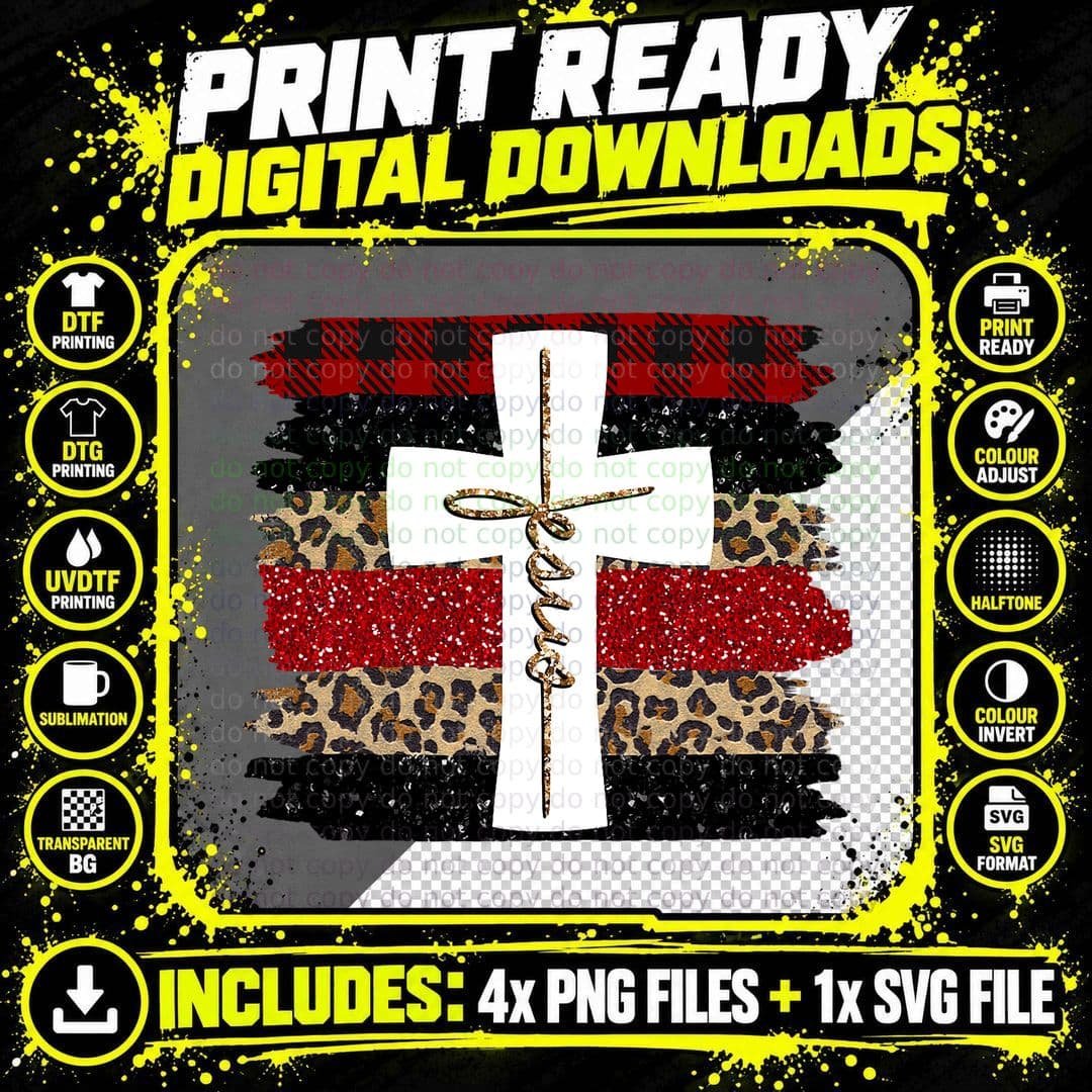 Leopard Red Plaid Merry Christmas God Jesus Faith Cross Png SVG Digital Bundle