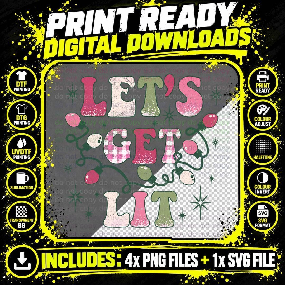 Let's Get Lit Vintage Buffalo Plaid Pink Christmas Png SVG Digital Bundle