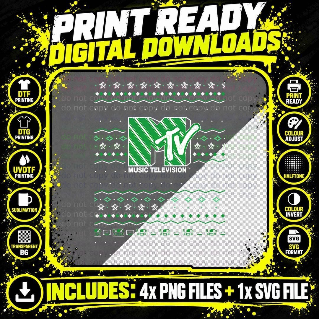 MTV Christmas Vintage Snowflake Cassette Ugly Sweater Png SVG Digital Bundle