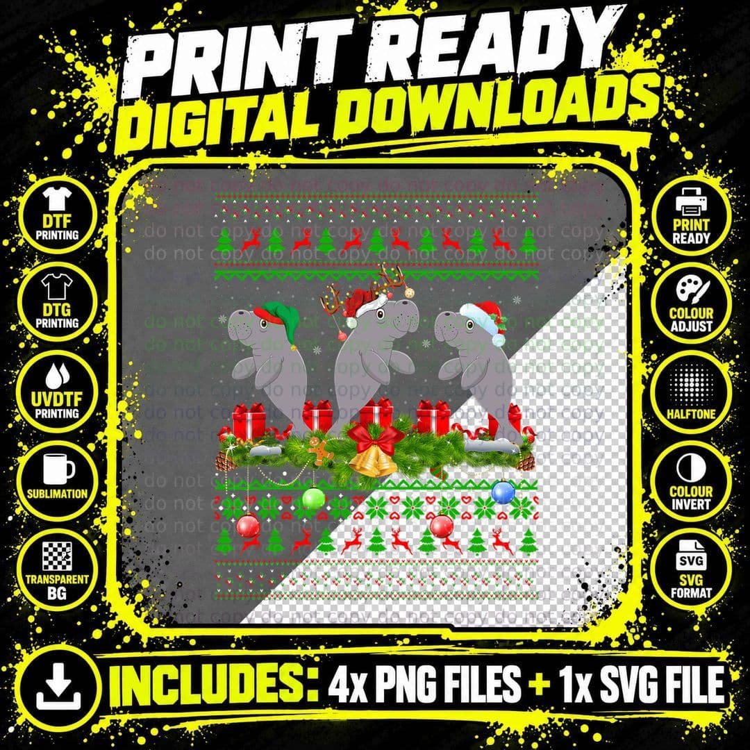 Manatee Lover Xmas Lighting Santa Ugly Manatee Christmas Png SVG Digital Bundle