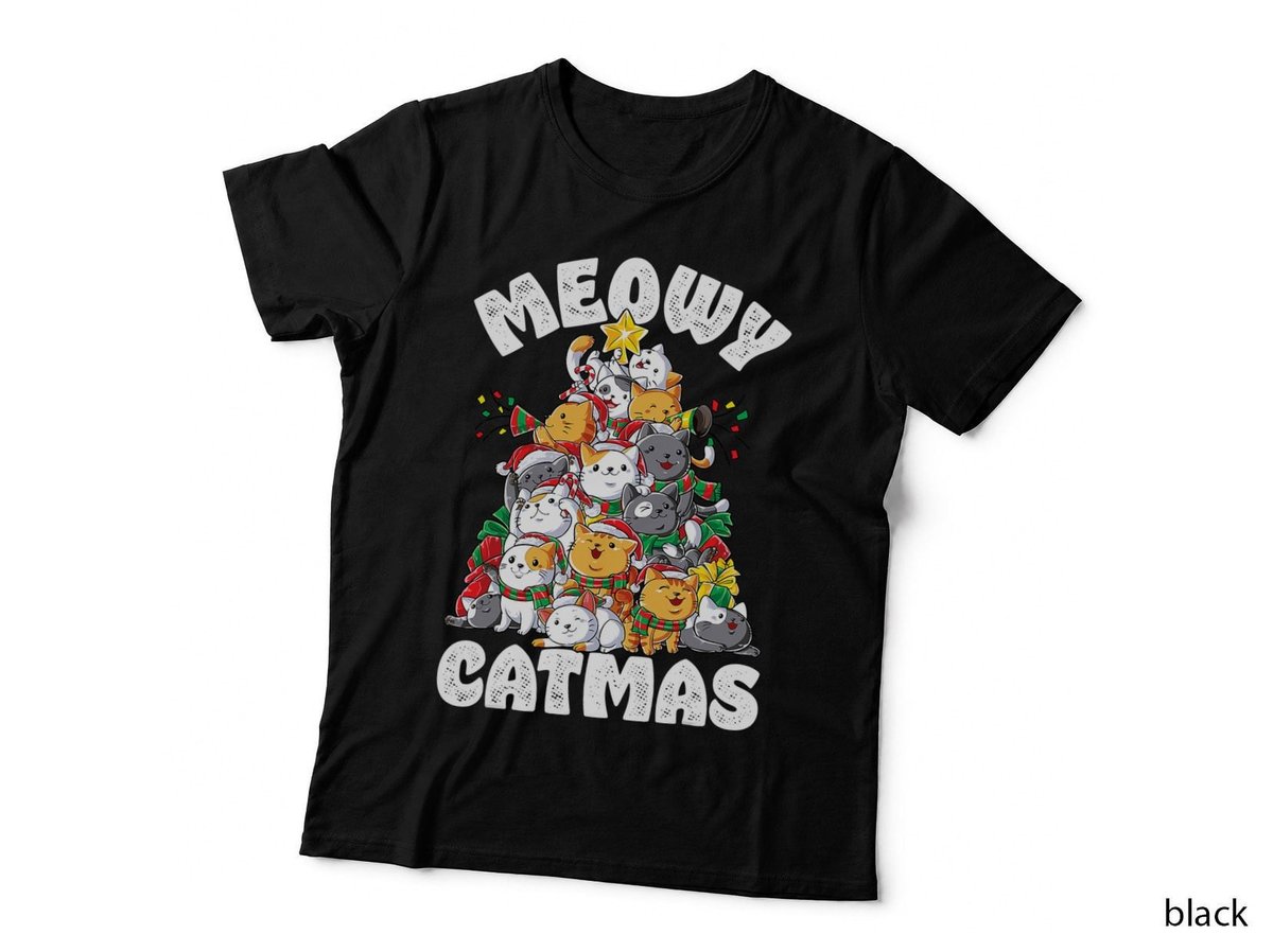 Meowy Catmas Cat Christmas Tree Xmas Girls Boys Funny Santa T-Shirt