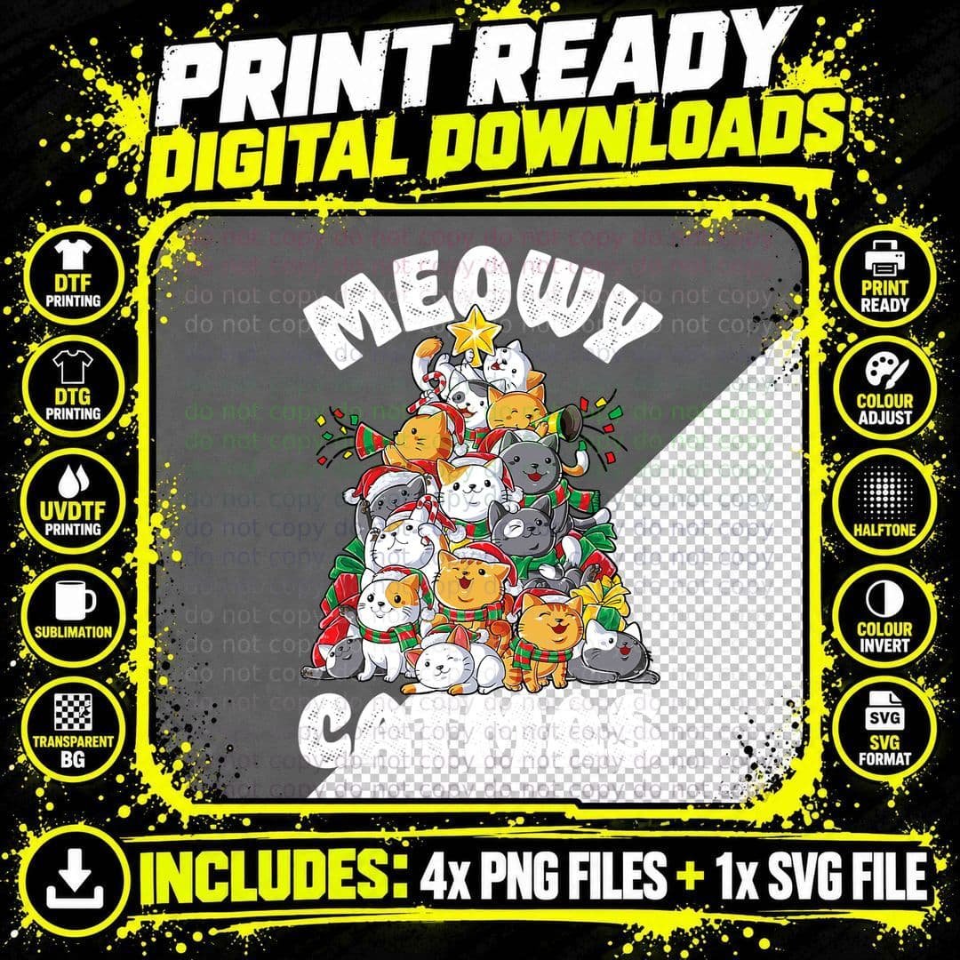 Meowy Catmas Cat Christmas Tree Xmas Girls Boys Funny Png SVG Digital Bundle