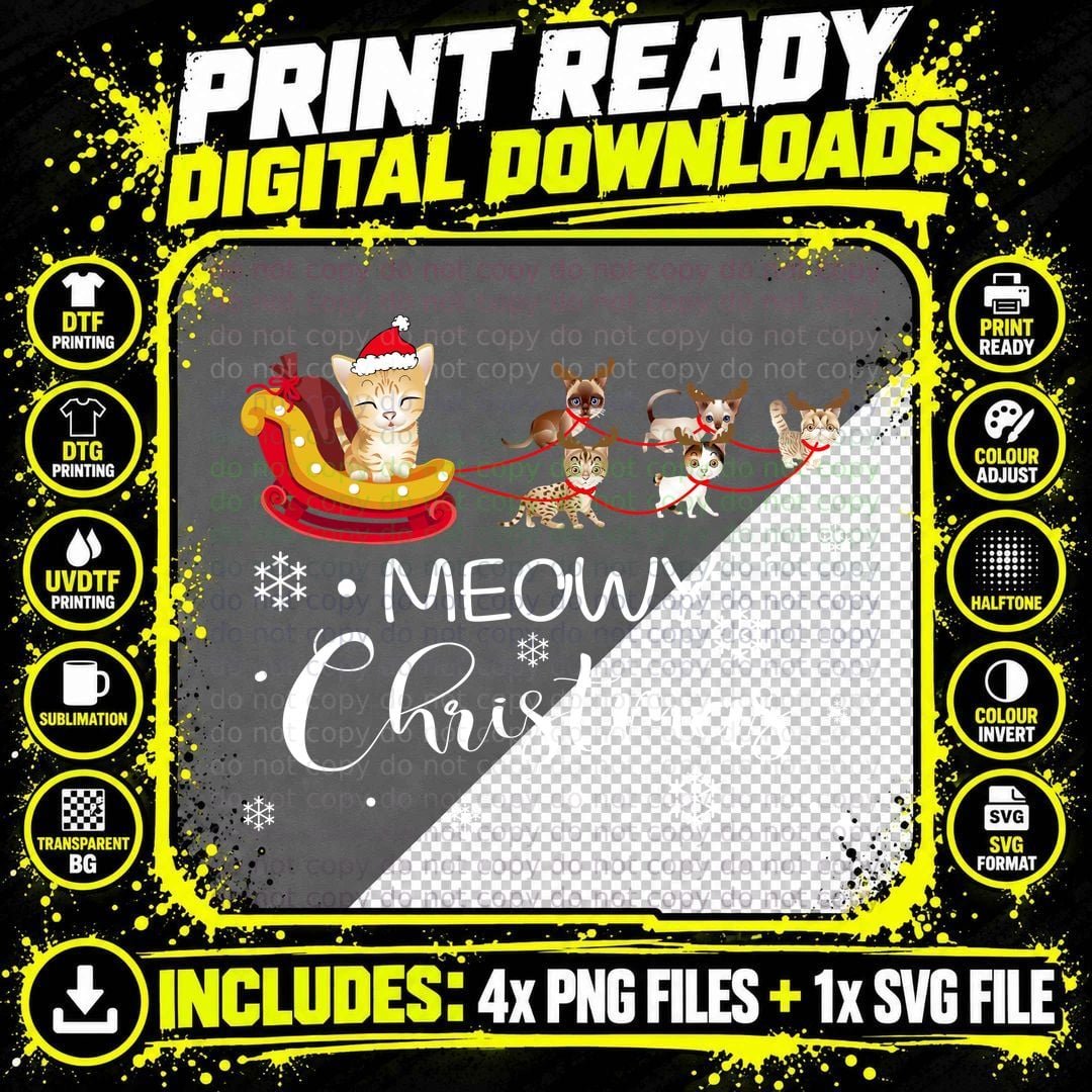 Meowy Christmas Design, Festive Cat Sleigh Ride Png SVG Digital Bundle