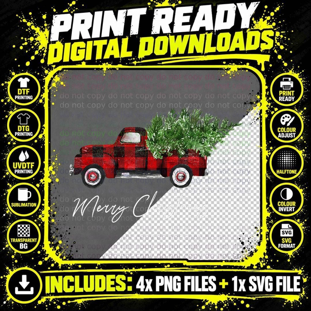 Merry Christmas Buffalo Plaid Red Truck Tree for Men Png SVG Digital Bundle