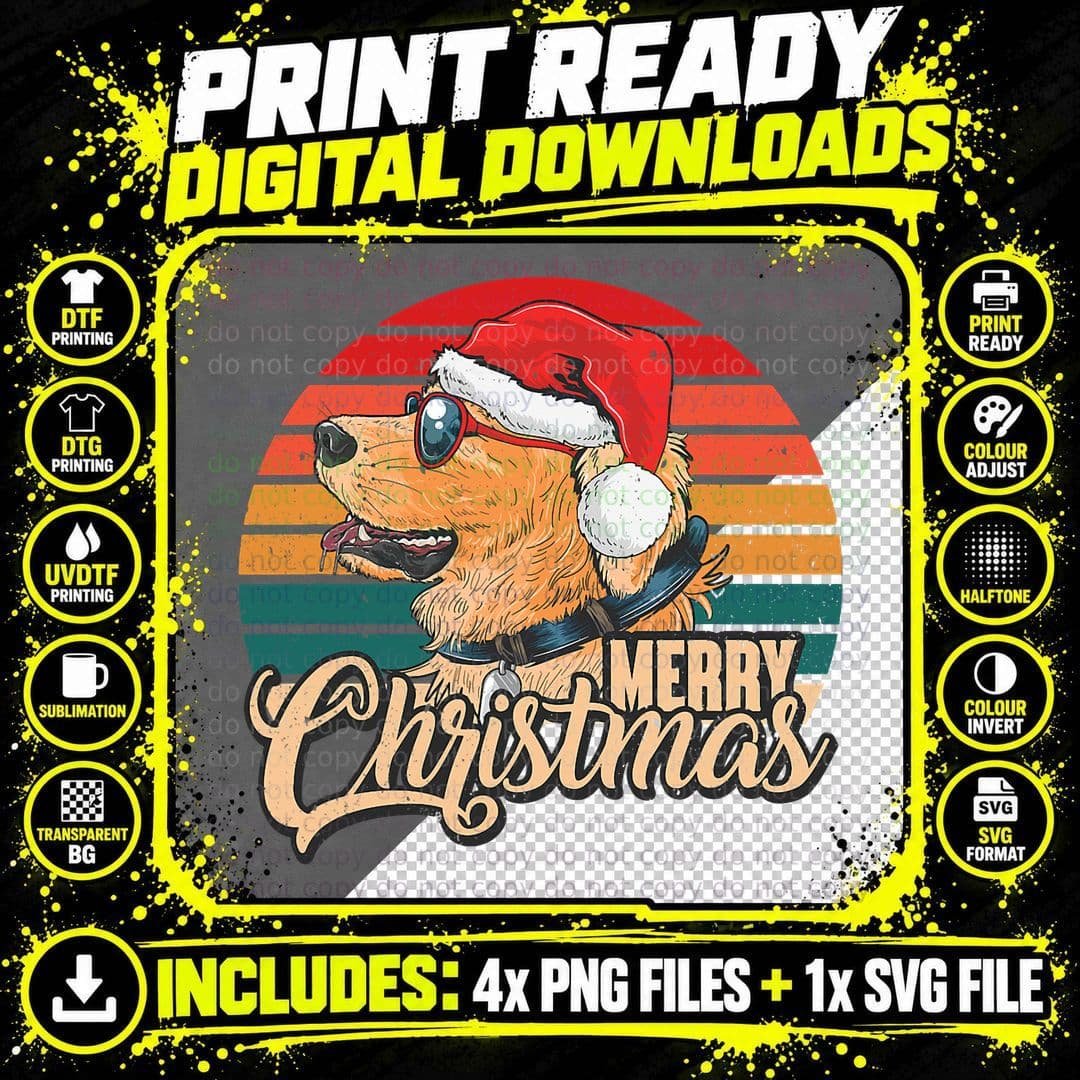 Merry Christmas Retro Vintage Golden Retriever Dog Png SVG Digital Bundle