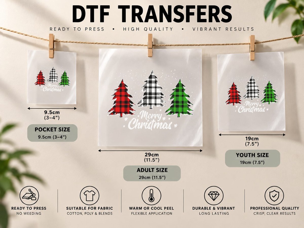 Merry Christmas Tree Buffalo Plaid Red White Green Light DTF Transfer Iron On