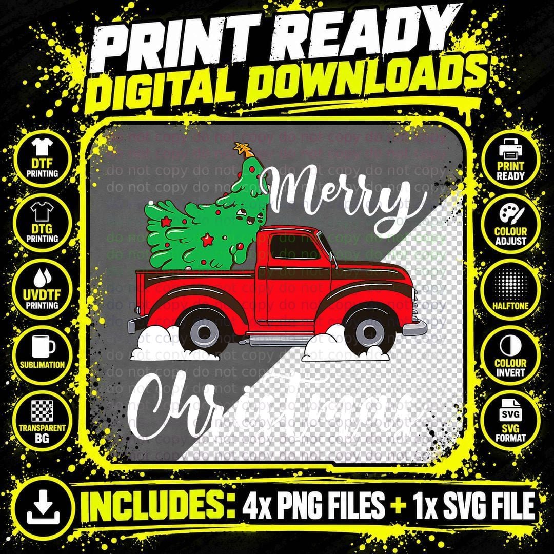 Merry Christmas Tree Vintage Red Truck Family Pajamas Png SVG Digital Bundle