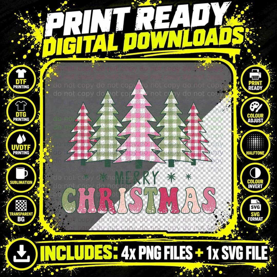 Merry Christmas Vintage Buffalo Plaid Tree Pink Png SVG Digital Bundle