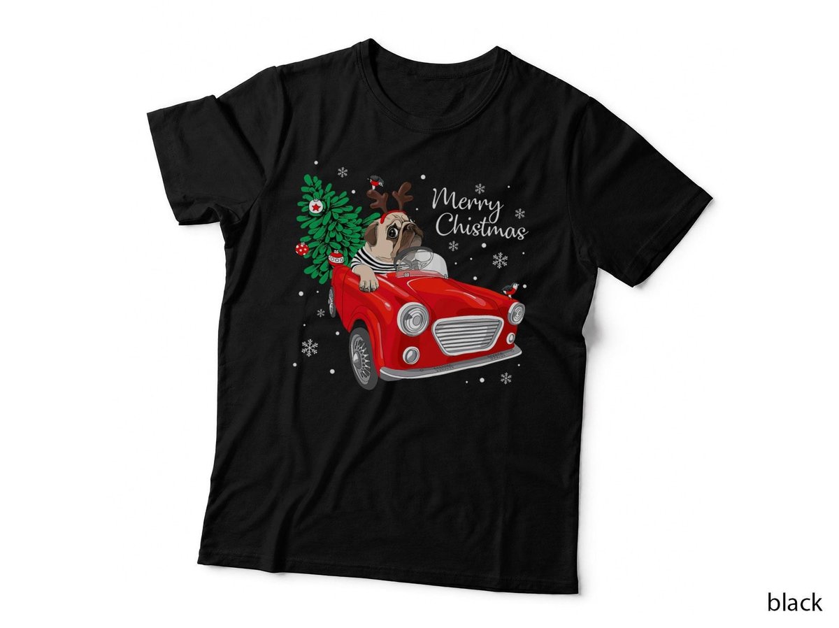 Merry Christmas Vintage Pug Dog Reindeer Red Truck Xmas Tree T-Shirt