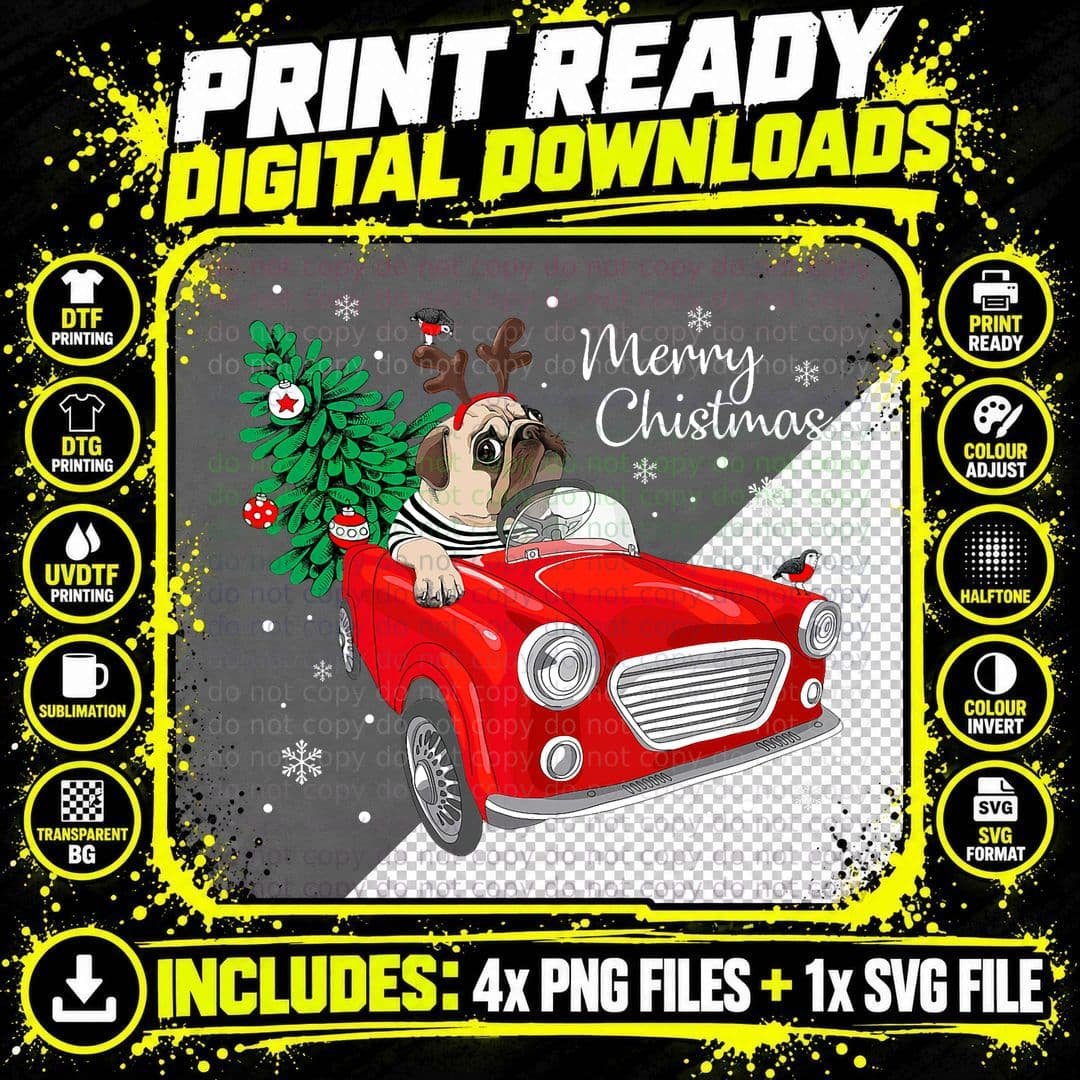 Merry Christmas Vintage Pug Dog Reindeer Red Truck Xmas Png SVG Digital Bundle