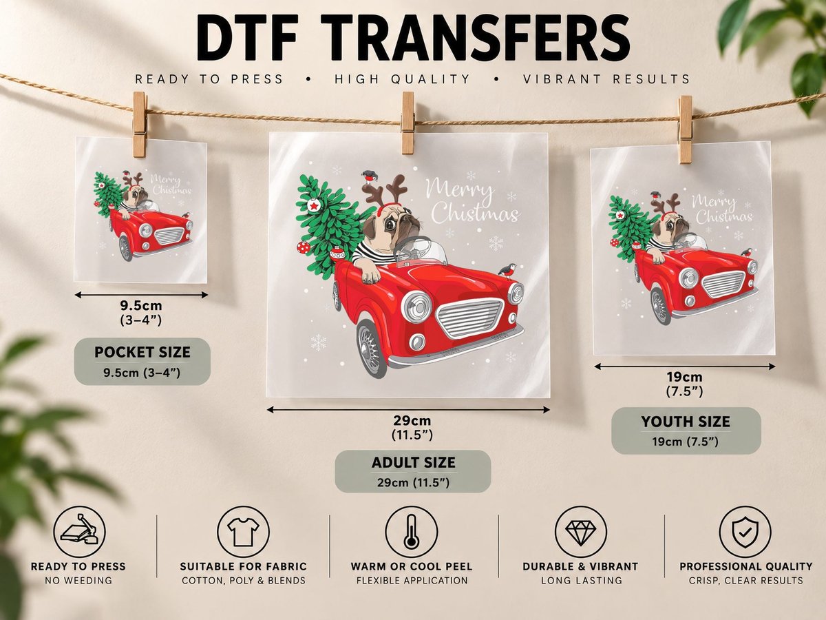 Merry Christmas Vintage Pug Dog Reindeer Red Truck Xmas DTF Transfer Iron On