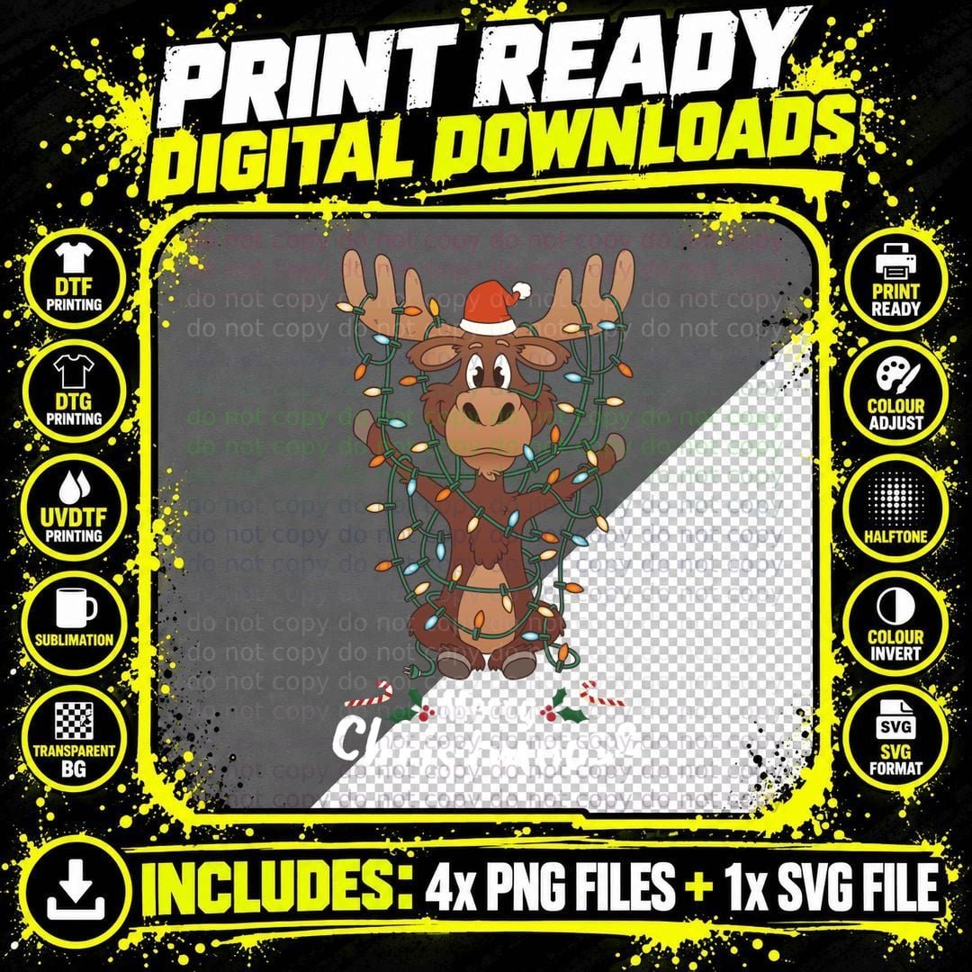 Merry Christmoose Christmas Moose Xmas Tree Lights Gift Png SVG Digital Bundle