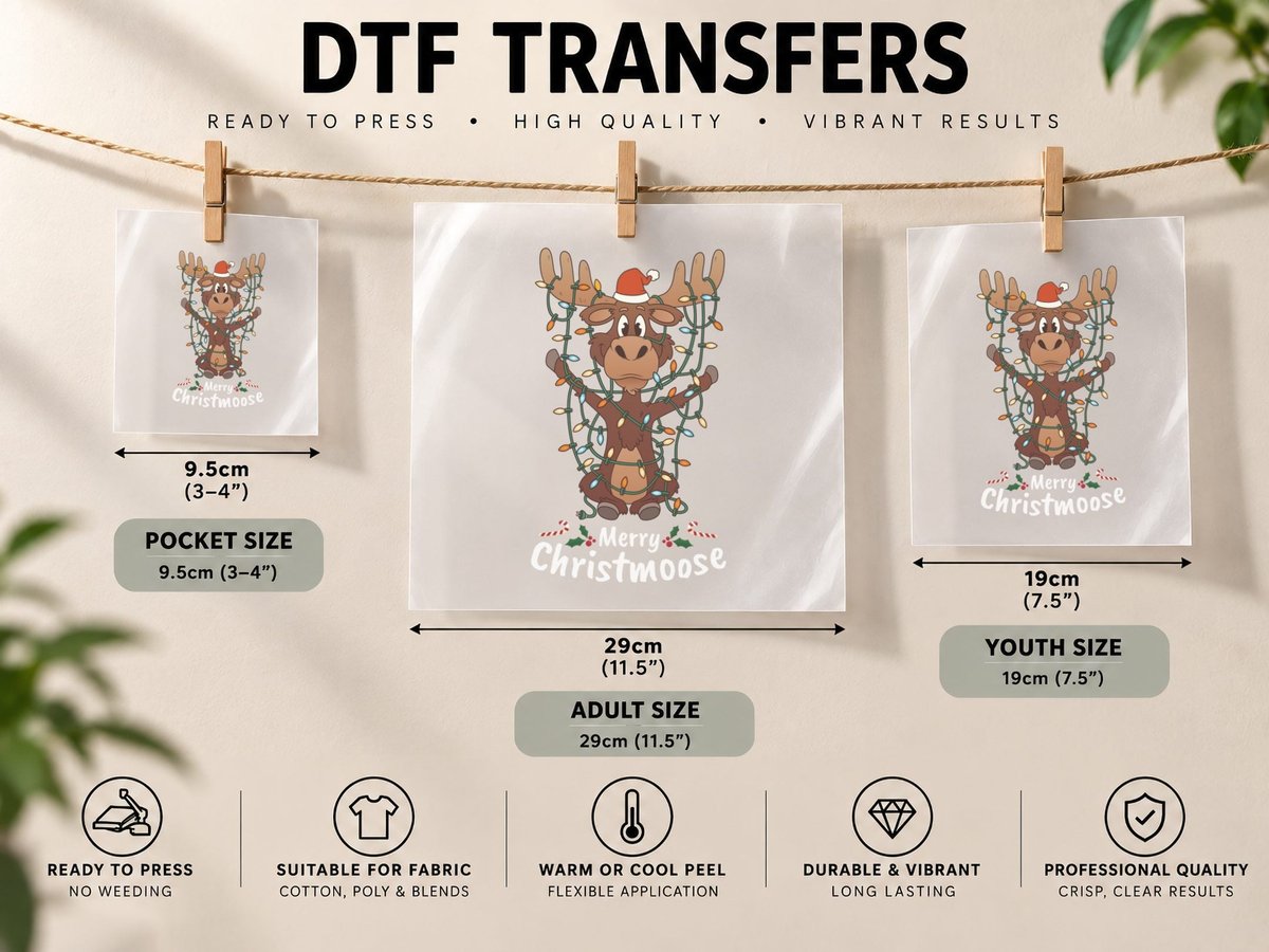 Merry Christmoose Christmas Moose Xmas Tree Lights Gift DTF Transfer Iron On