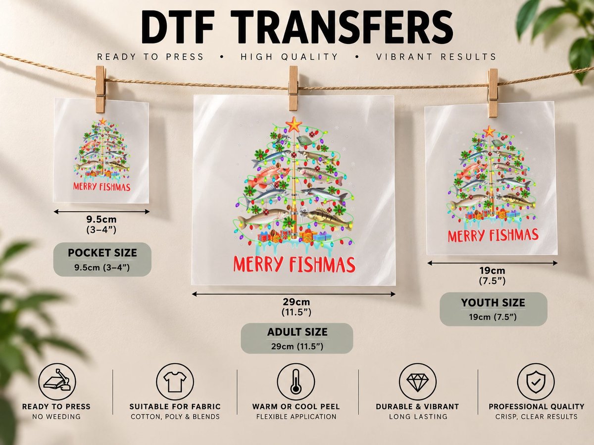 Merry Fishmas Funny Christmas Tree Lights Fish Fishing Rod DTF Transfer Iron On