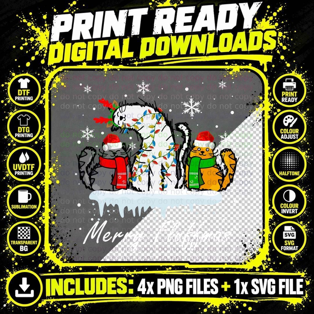 Merry Fluffmas Cat T-Shirt, Festive Christmas Cats Png SVG Digital Bundle