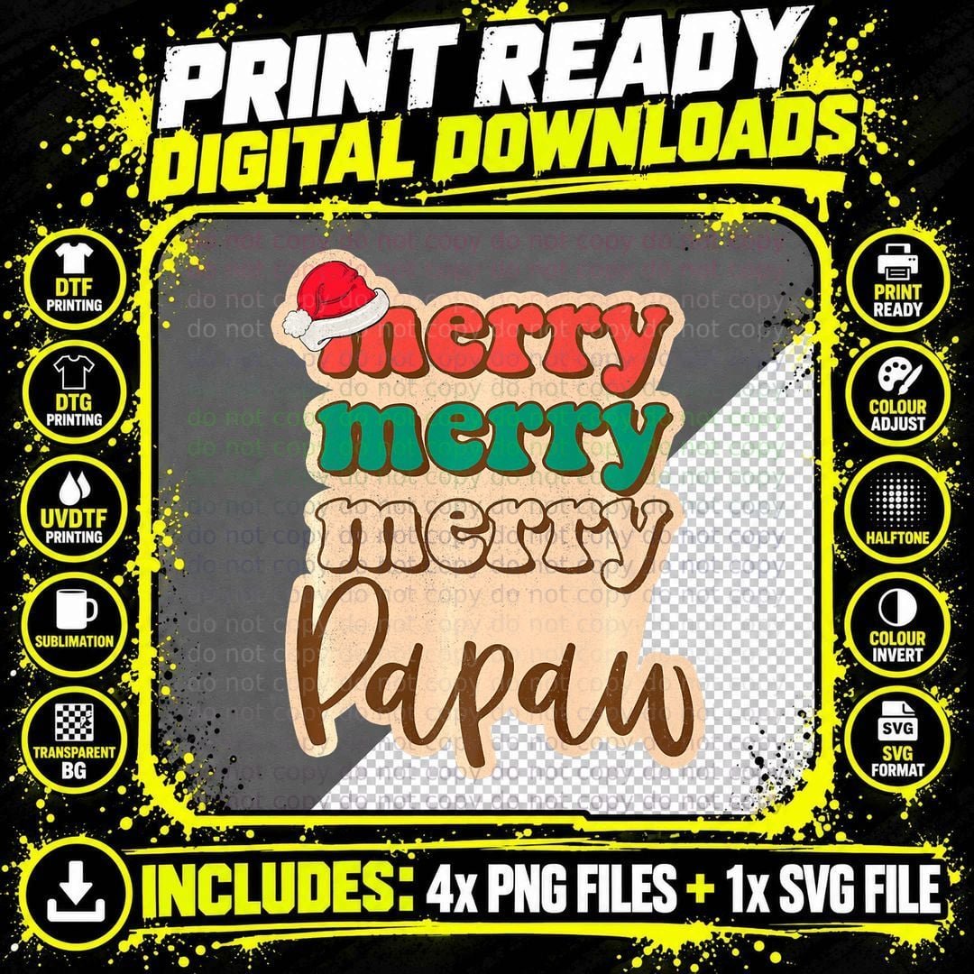 Merry Papaw Vintage Family Santa Christmas Pajama Png SVG Digital Bundle