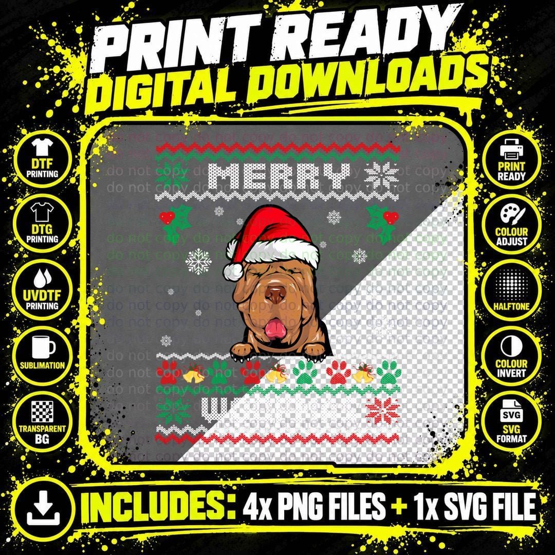 Merry Woofmas Shar Pei Dog Funny Ugly Christmas Sweater Png SVG Digital Bundle