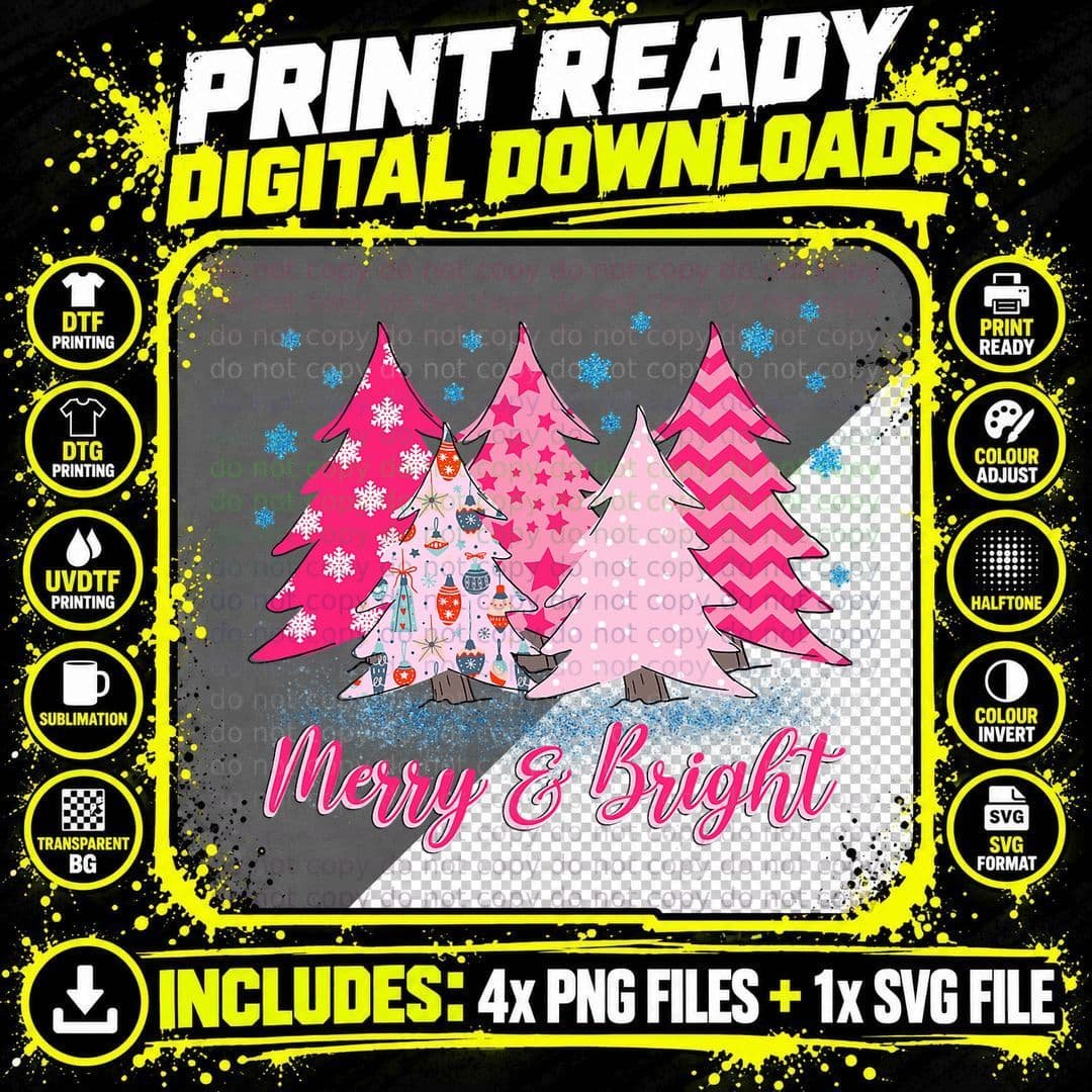 Merry and Bright Pink Christmas Tree Png SVG Digital Bundle