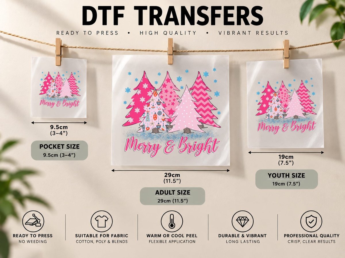 Merry and Bright Pink Christmas Tree DTF Transfer Iron On