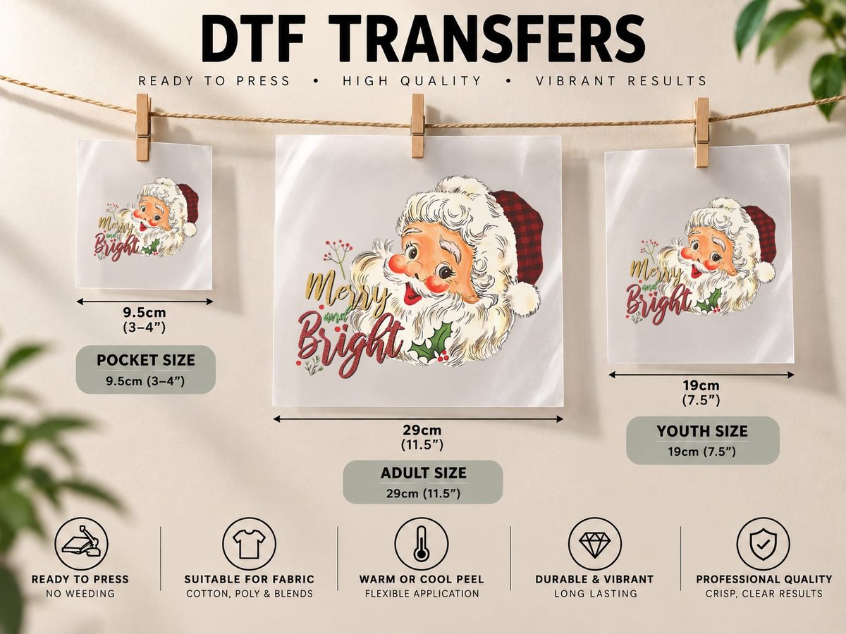 Merry and Bright Vintage Santa Christmas Spirit Design DTF Transfer Iron On