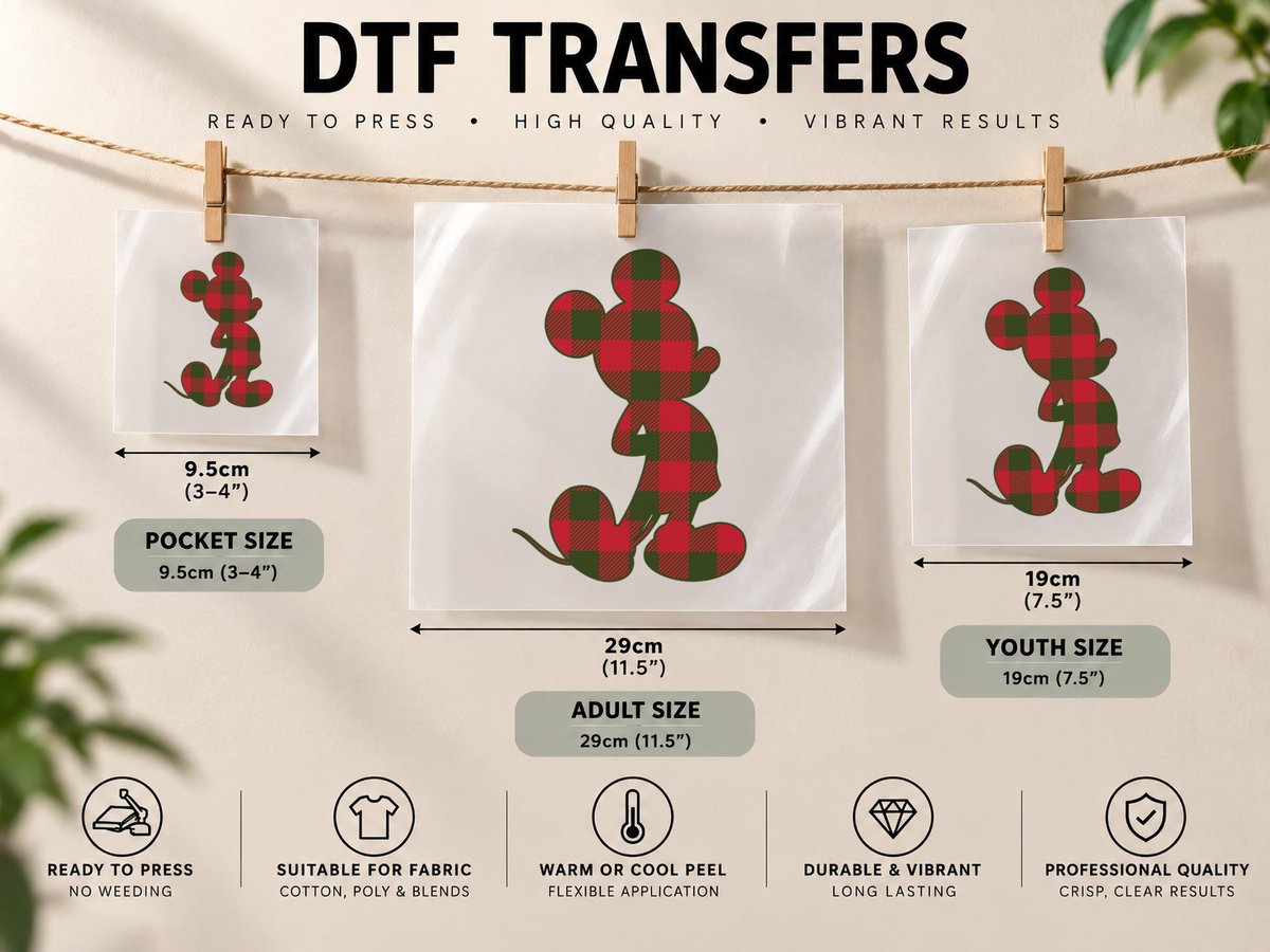 Mickey Mouse Christmas Plaid Silhouette Fill DTF Transfer Iron On