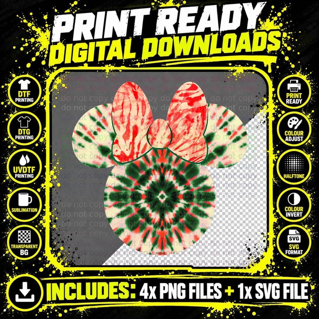 Minnie Mouse Head Christmas Holiday Tie-Dye Retro T-Shirt Png SVG Digital Bundle