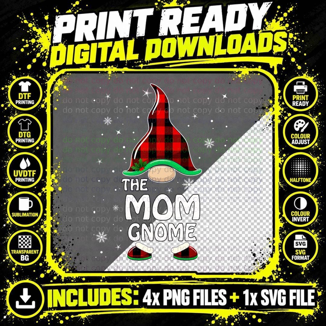Mom Gnome Buffalo Plaid Matching Family Christmas Pajama Png SVG Digital Bundle