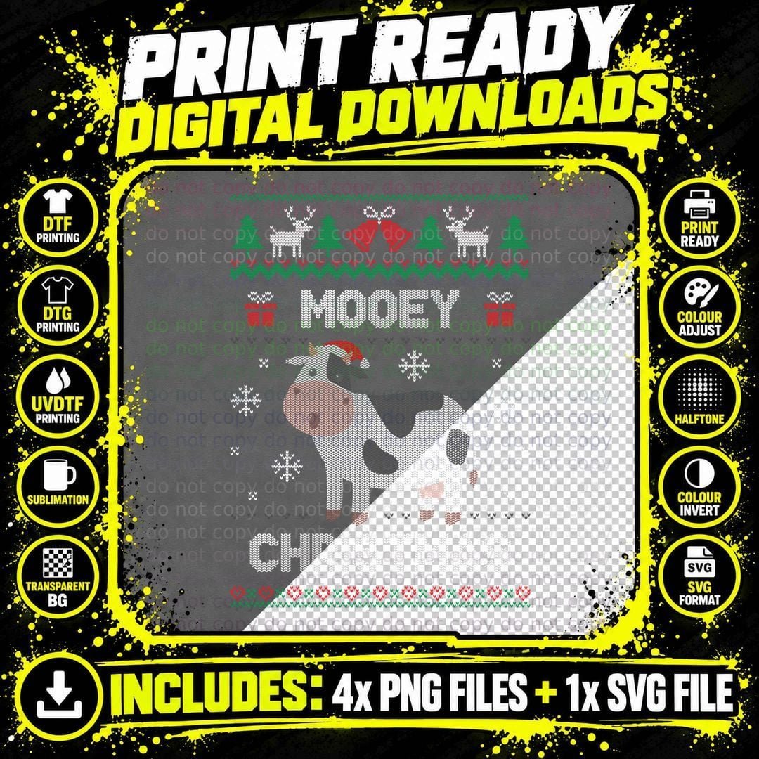 Mooey Christmas Cow Santa Claus Hat Ugly Christmas Png SVG Digital Bundle